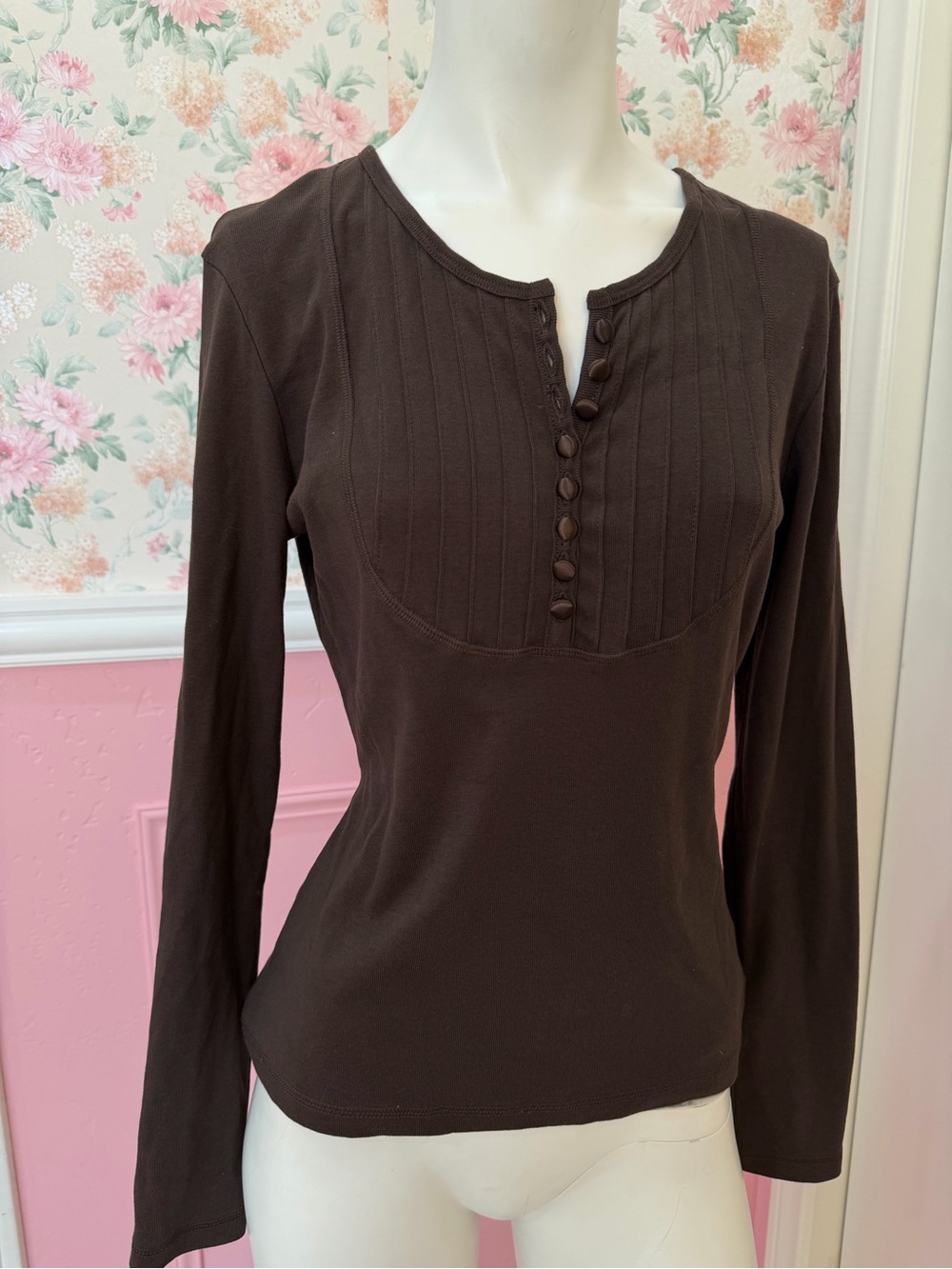 Y2K Brown Long-Sleeve Pintuck Henley Top